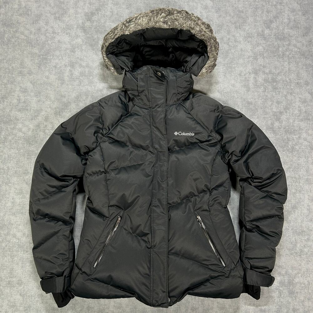 Columbia Lay D Down II Omni-Heat Hooded Puffer Jacket Black Faux Fur Trim Medium